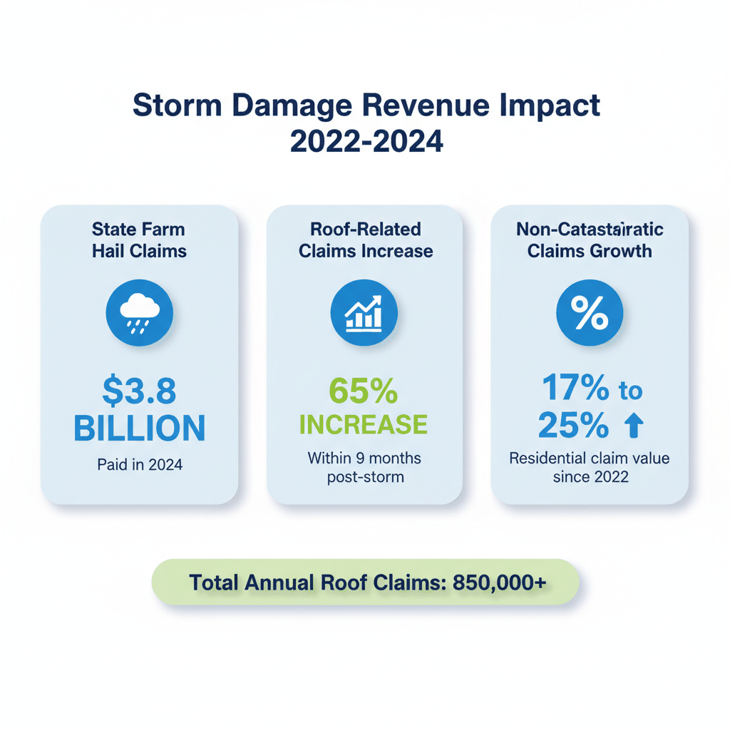 Storm damage revenue statistics showing insurance claim volume and growth trends for roofing contractors