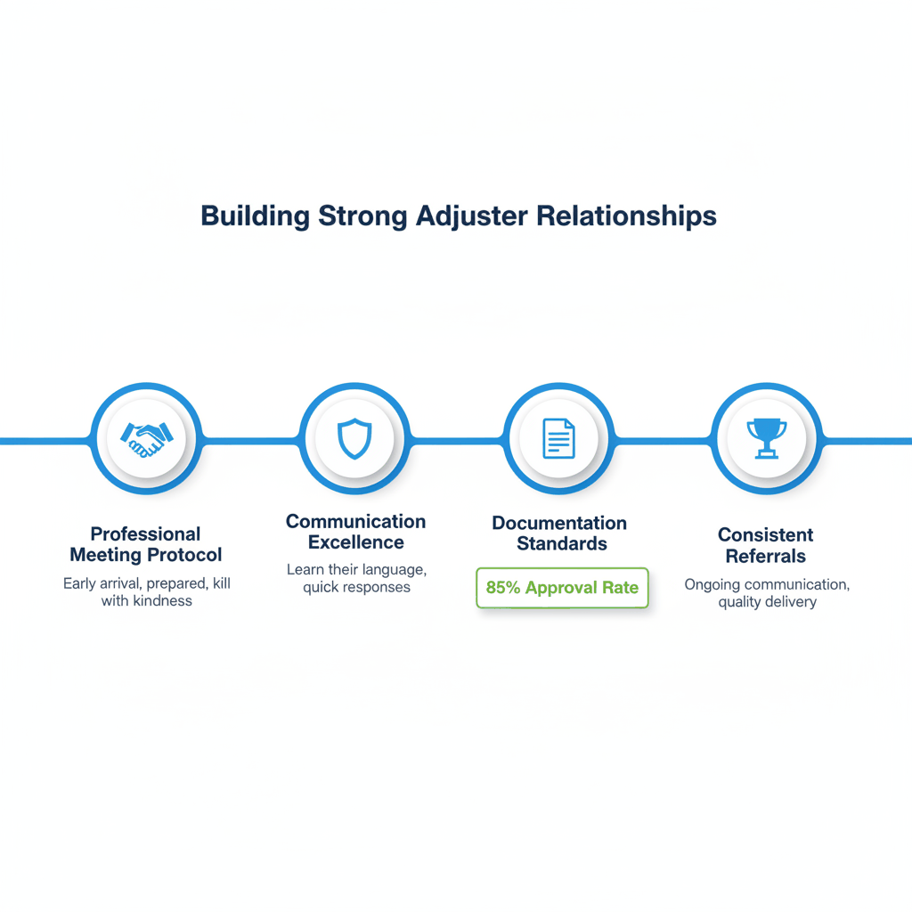 Timeline showing relationship building process with insurance adjusters for roofing partnerships