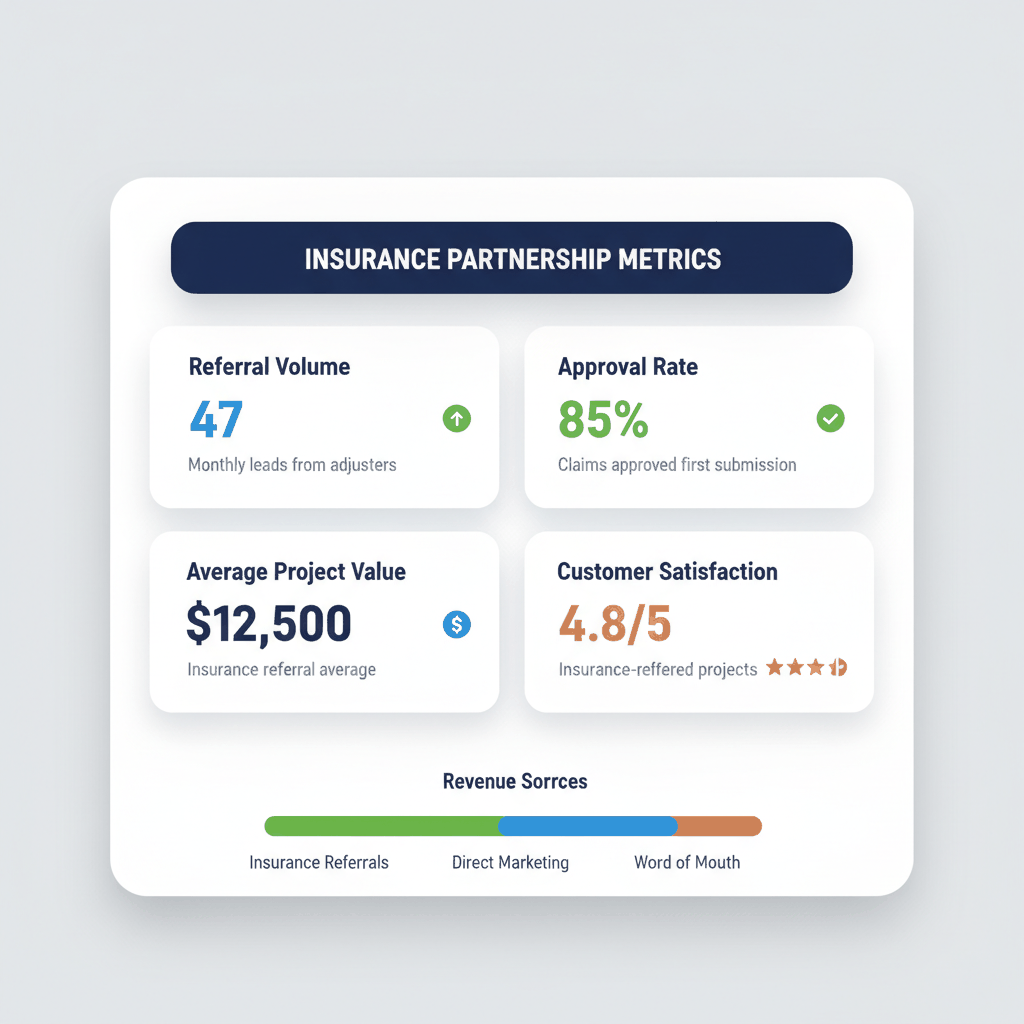 Dashboard showing key metrics for measuring insurance partnership success in roofing business