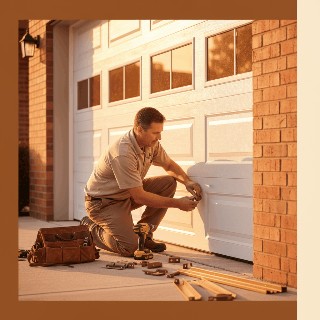 Professional garage door installation technician working on residential sectional door replacement - Facebook ads garage door companies