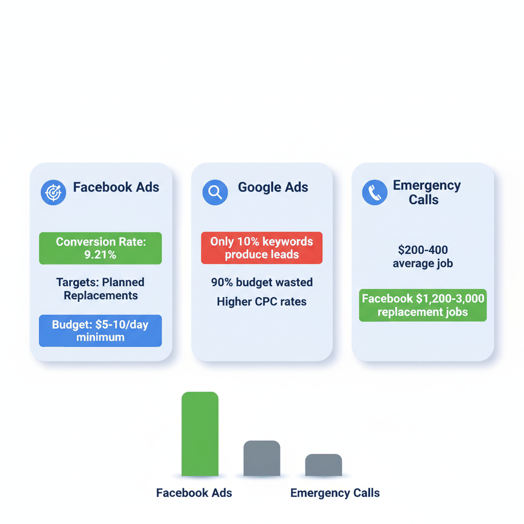 Facebook ads vs Google ads vs emergency calls comparison chart for garage door companies showing conversion rates and revenue opportunities