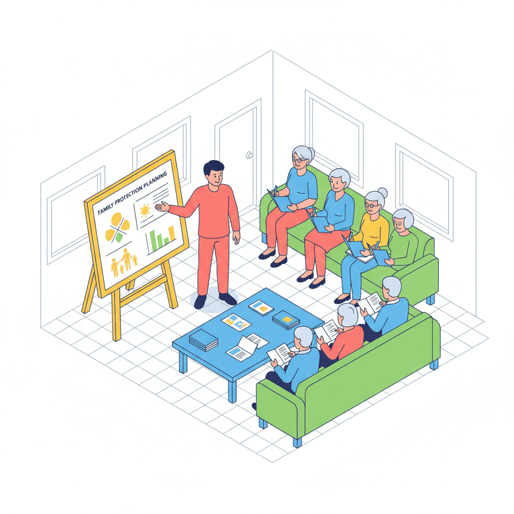 Isometric illustration final expense insurance agent educational workshop - building relationship-based referral programs