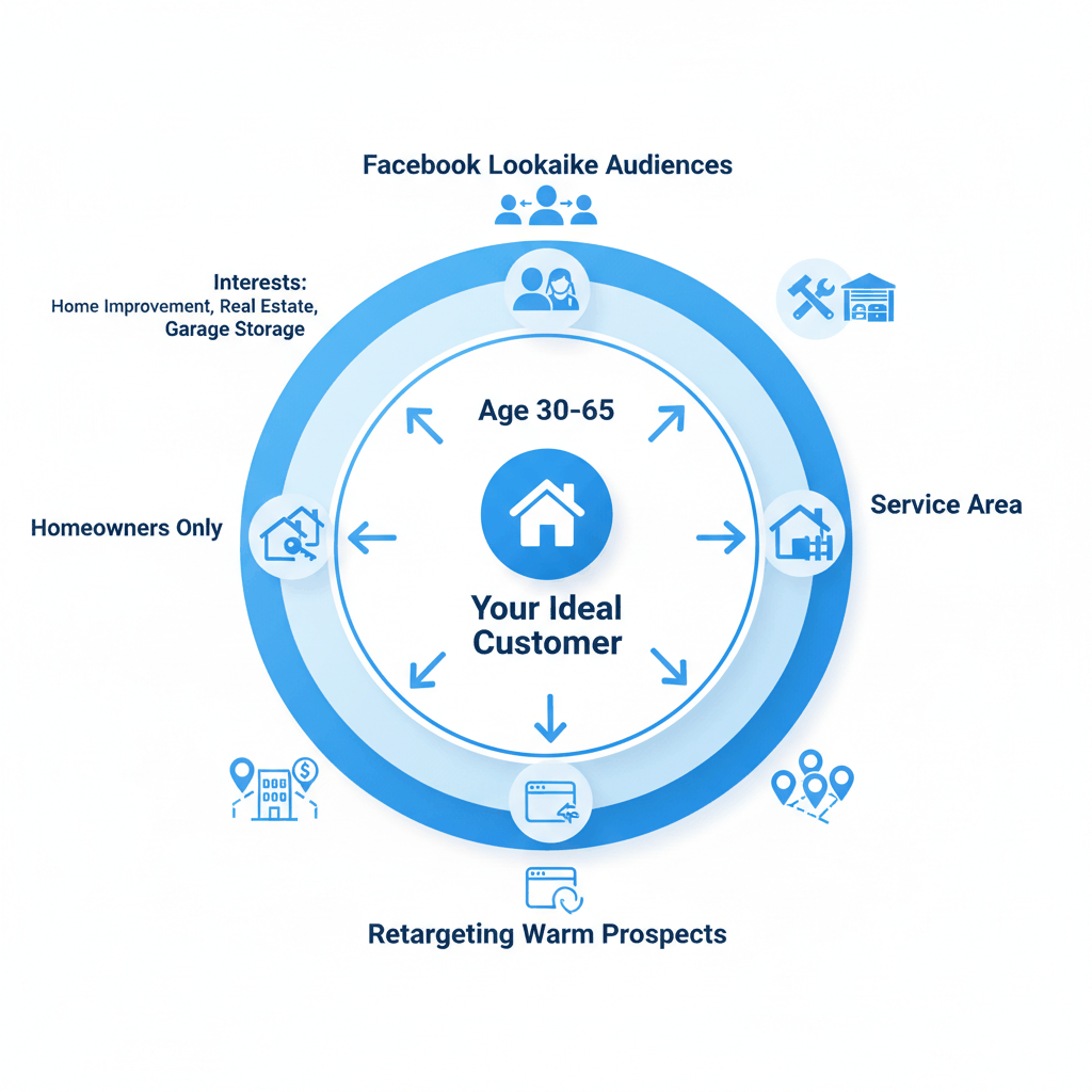 Facebook advertising targeting strategy diagram for garage door companies showing age demographics, homeowner status, and interest-based audience segmentation