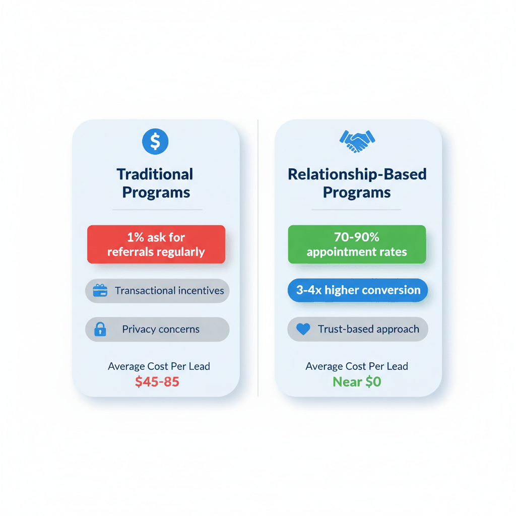 Comparison chart traditional vs relationship-based final expense referral programs showing conversion rates and costs