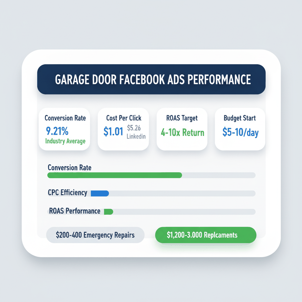 Facebook ads budget planning dashboard showing conversion rates, cost per click, ROAS targets, and revenue comparisons for garage door companies