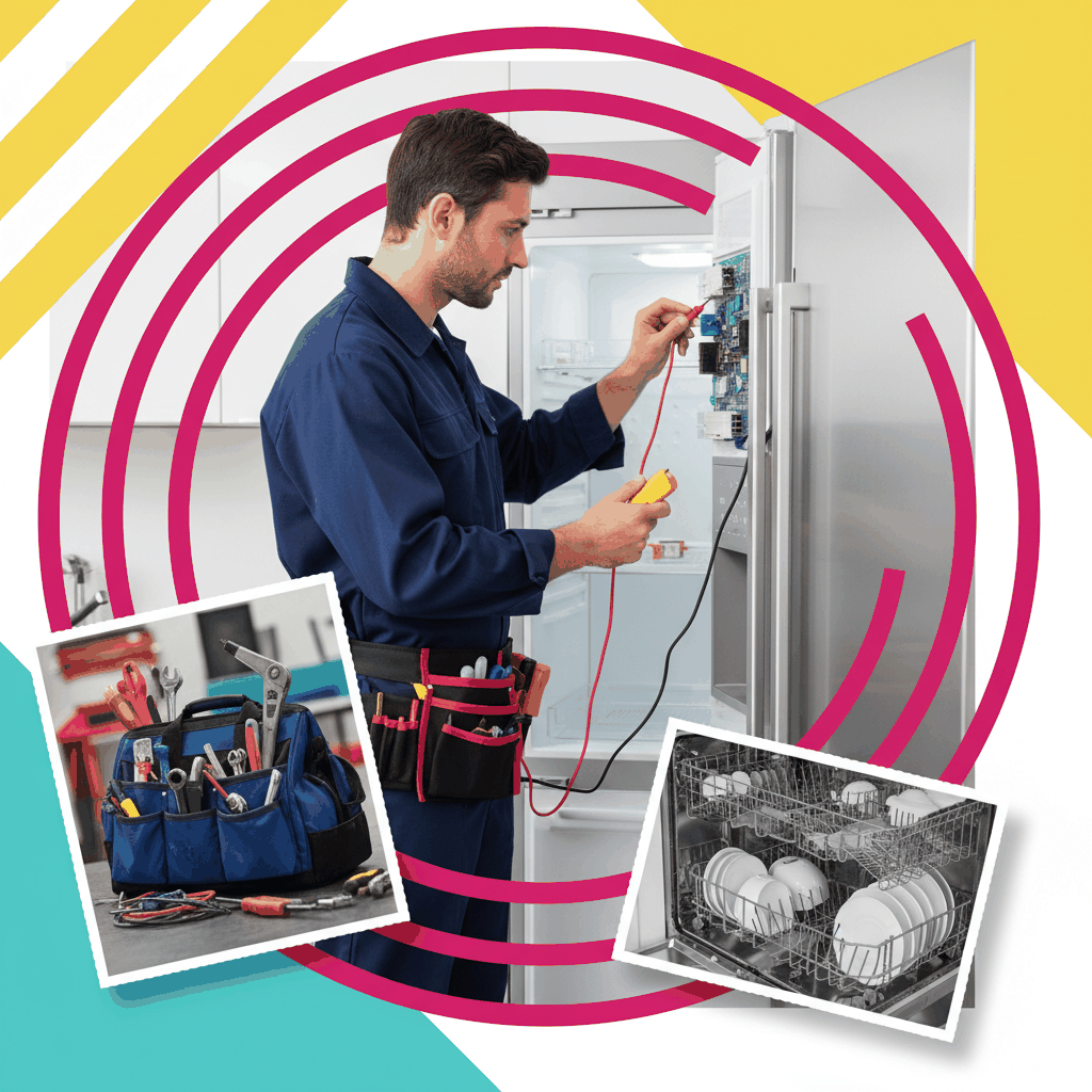 Contemporary mixed media photo collage featuring appliance repair technician servicing refrigerator - appliance repair local SEO foundation guide