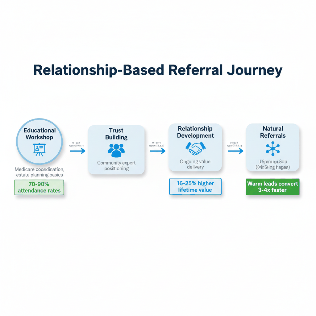 Process flow diagram educational workshops to referrals showing trust building stages and conversion metrics
