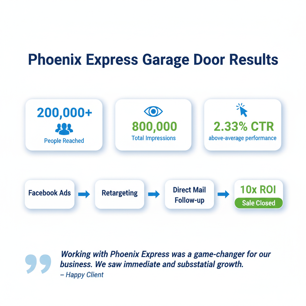 Phoenix Express Garage Door Facebook ads success story showing 200,000 reach, 800,000 impressions, and 10x ROI increase results