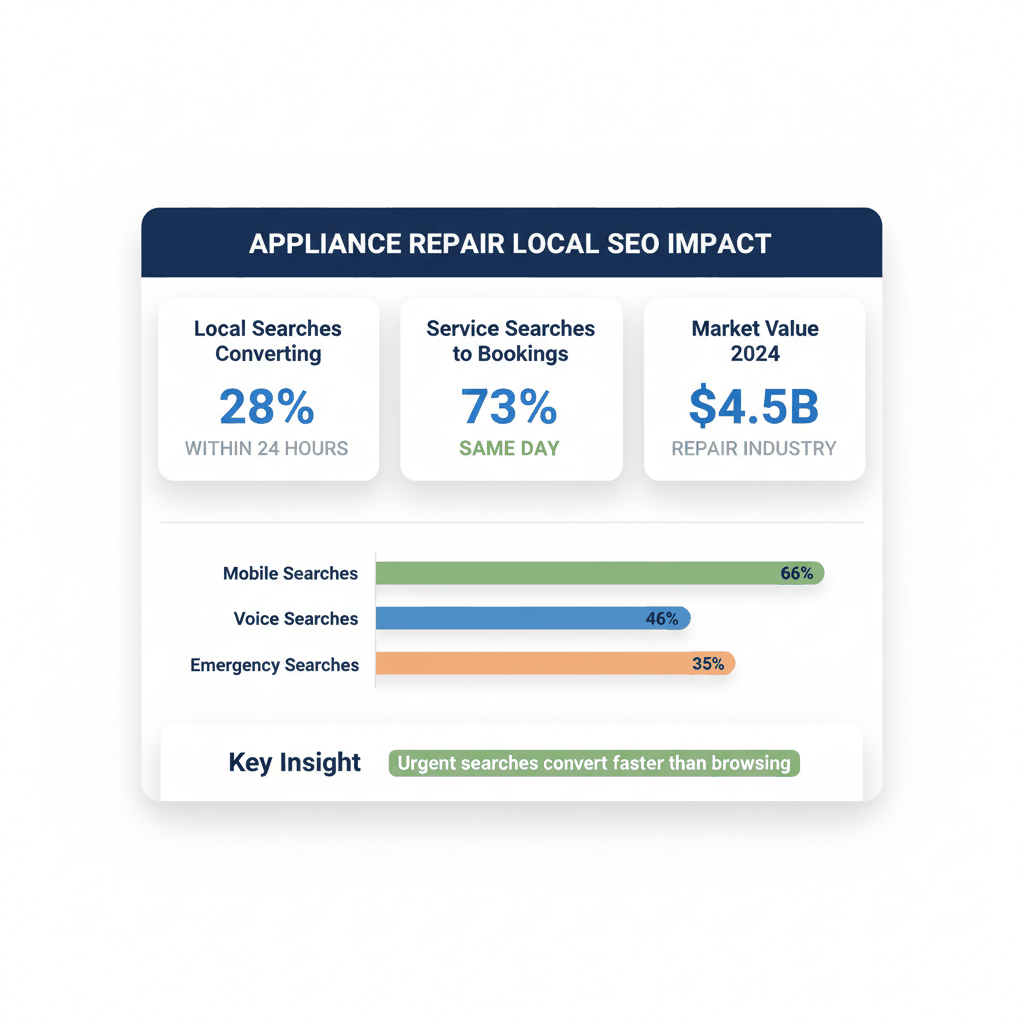 Local SEO impact dashboard showing 28% of local searches convert within 24 hours and 73% of service searches lead to same-day bookings for appliance repair businesses
