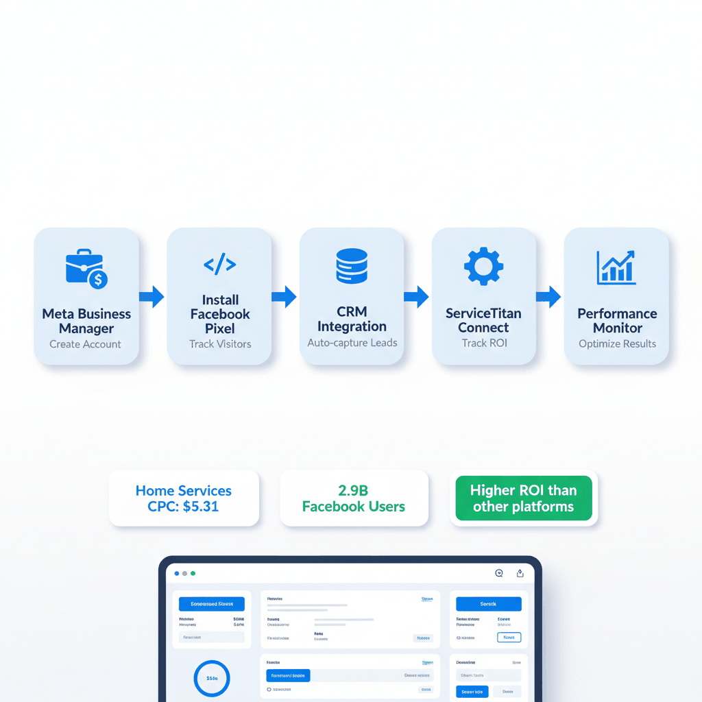 Facebook ads setup process for garage door companies showing Meta Business Manager, pixel installation, CRM integration, and performance tracking tools