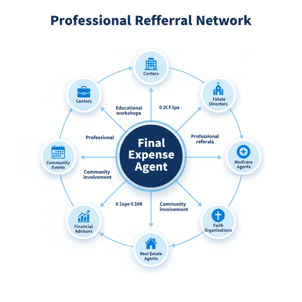 Network diagram showing final expense agent community relationships and professional referral sources