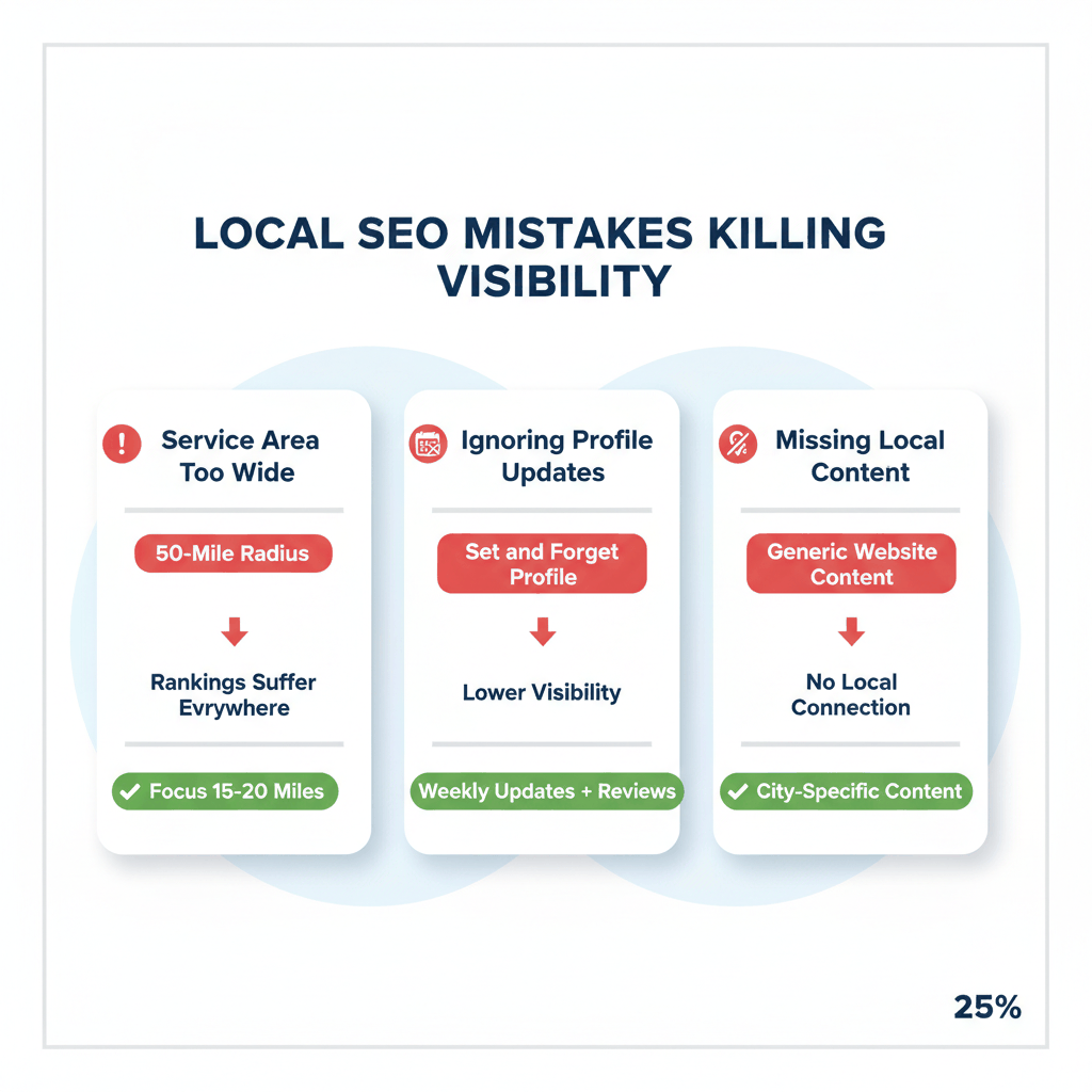Common local SEO mistakes comparison chart showing service area targeting, Google Business Profile maintenance, and local content issues that hurt appliance repair business visibility