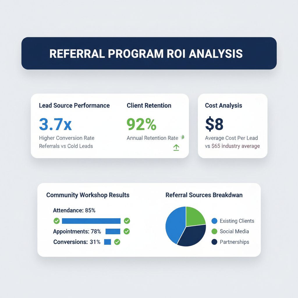 ROI dashboard showing final expense referral program metrics including conversion rates and cost analysis