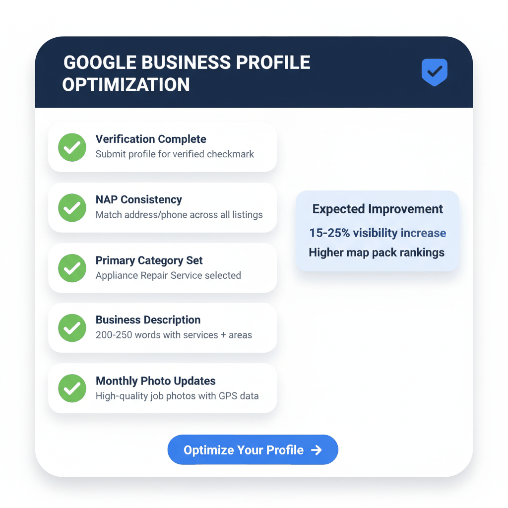 Google Business Profile optimization checklist showing verification, NAP consistency, categories, description, and photo requirements for appliance repair local SEO success