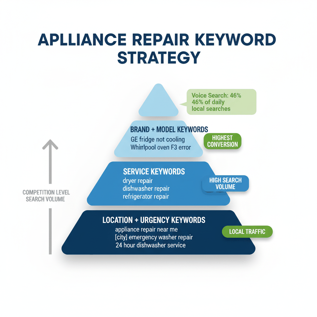 Appliance repair keyword strategy pyramid showing brand/model keywords at top for highest conversion, service keywords for volume, and location/urgency keywords for local traffic