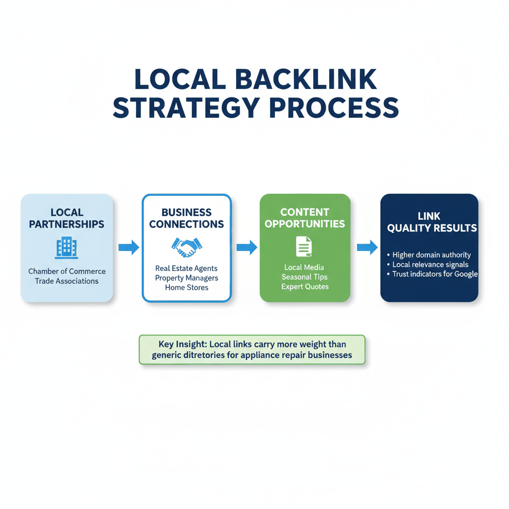 Local backlink strategy flowchart showing progression from local partnerships through business connections to content opportunities for appliance repair SEO