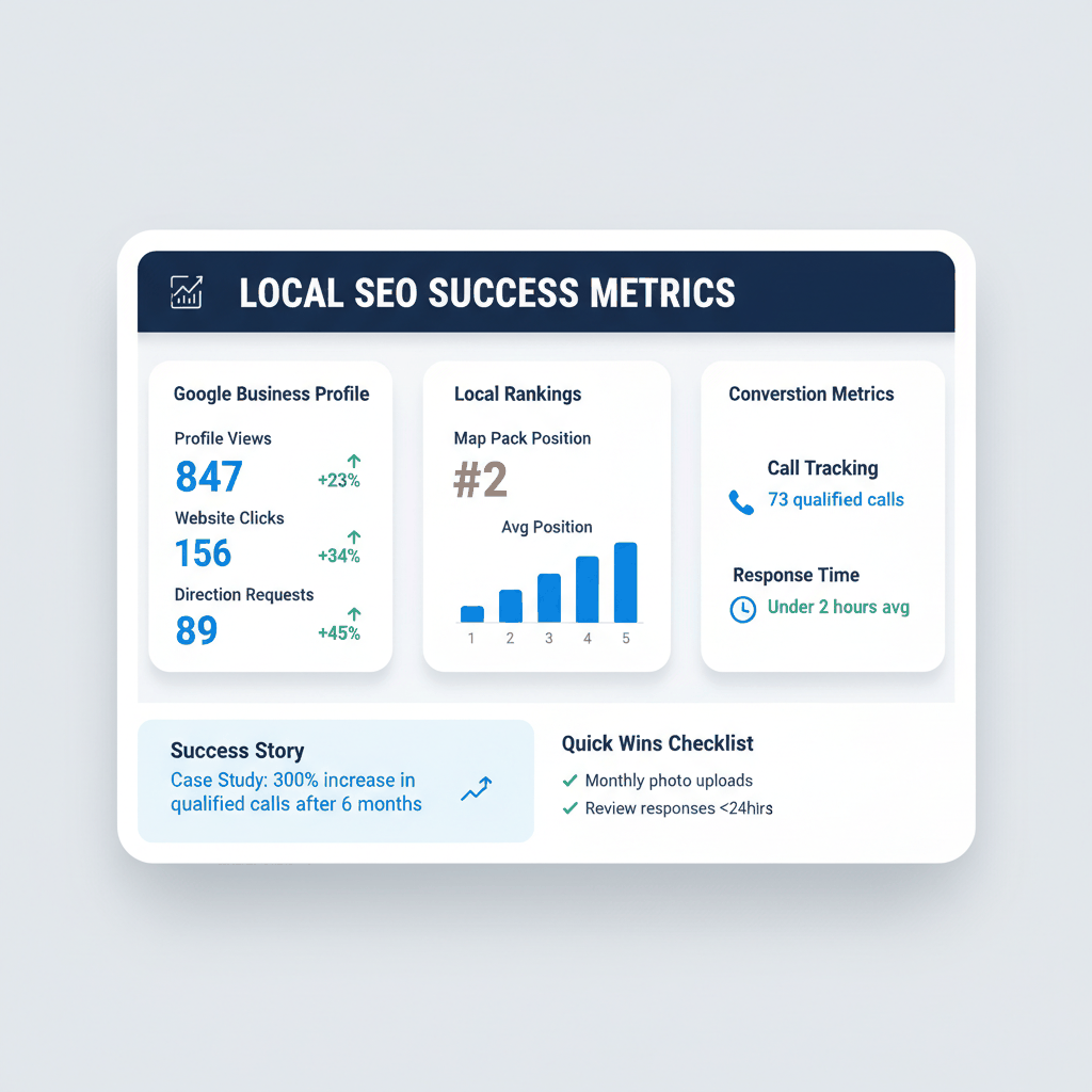 Local SEO success measurement dashboard showing Google Business Profile metrics, local rankings, and conversion tracking for appliance repair businesses