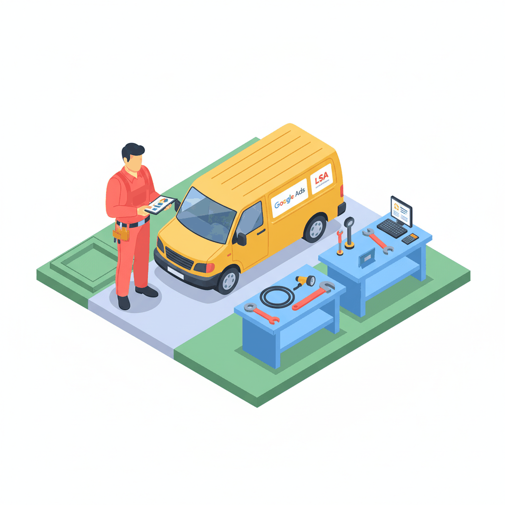 Professional plumber comparing Google Ads vs Local Service Ads performance in isometric workspace - plumber lead generation