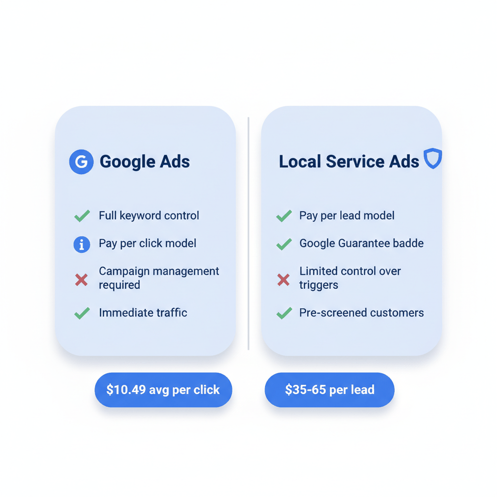 Google Ads vs Local Service Ads feature comparison chart showing costs, control, and payment models for plumbers