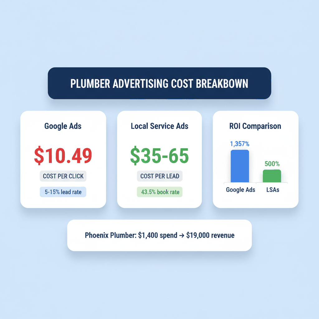 Plumber advertising cost analysis showing Google Ads cost per click vs Local Service Ads cost per lead with ROI comparison