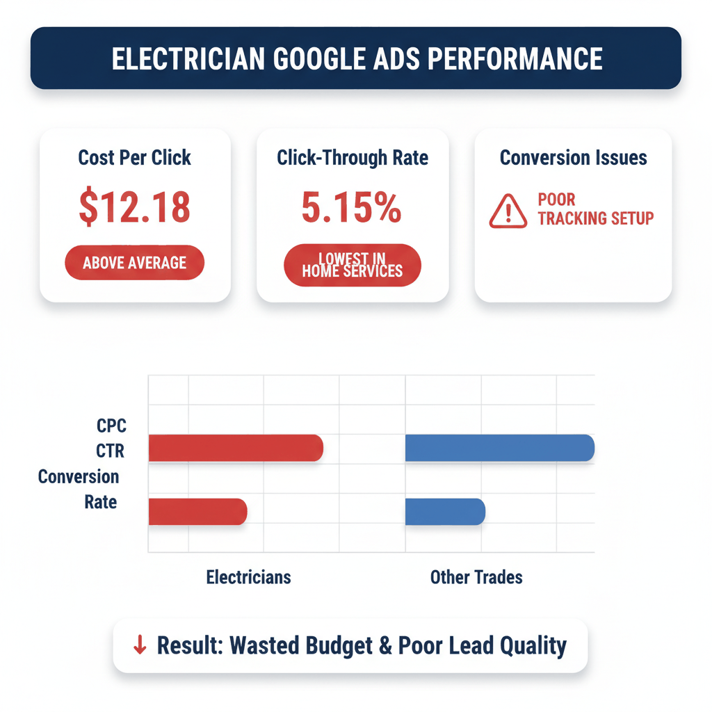Electrician Google Ads performance problems showing high cost per click and low conversion rates compared to industry averages
