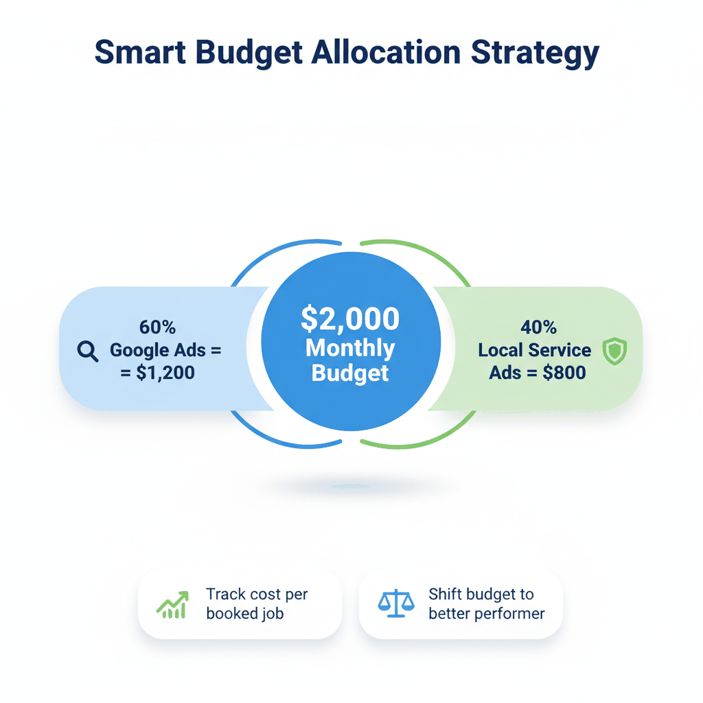 Plumber marketing budget allocation strategy showing 60-40 split between Google Ads and Local Service Ads with scaling recommendations