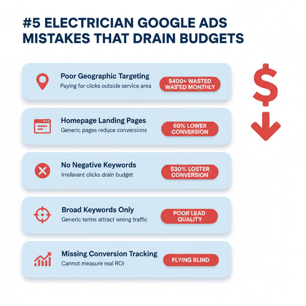 Five biggest Google Ads mistakes electricians make including geographic targeting, landing pages, negative keywords, broad keywords, and conversion tracking