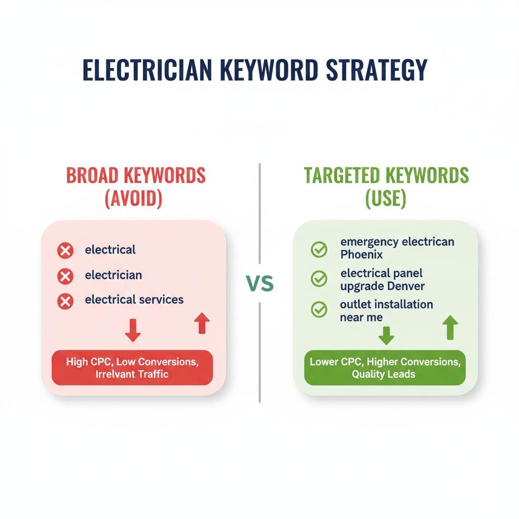 Keyword strategy comparison showing broad vs targeted keywords for electrician Google Ads campaigns with performance differences