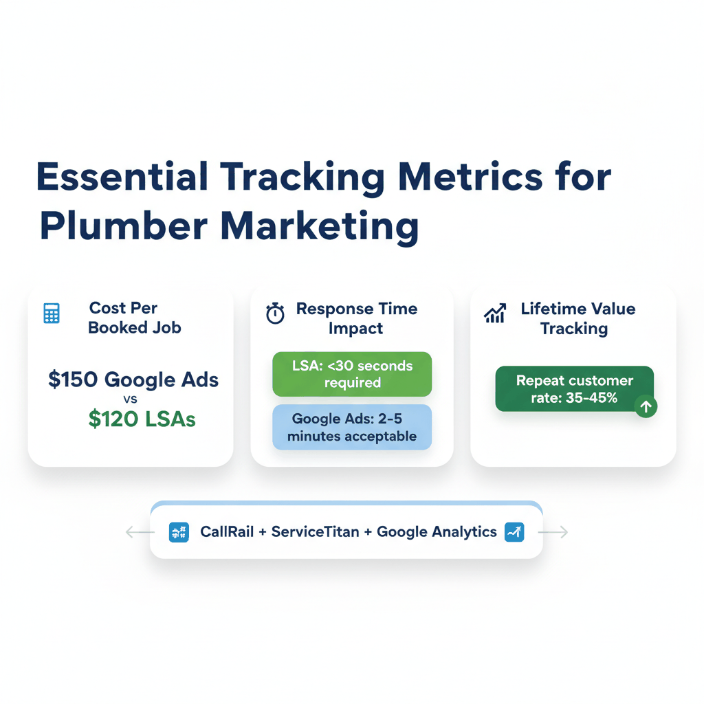 Plumber marketing success tracking dashboard showing cost per job, response times, and lifetime value metrics for advertising platforms