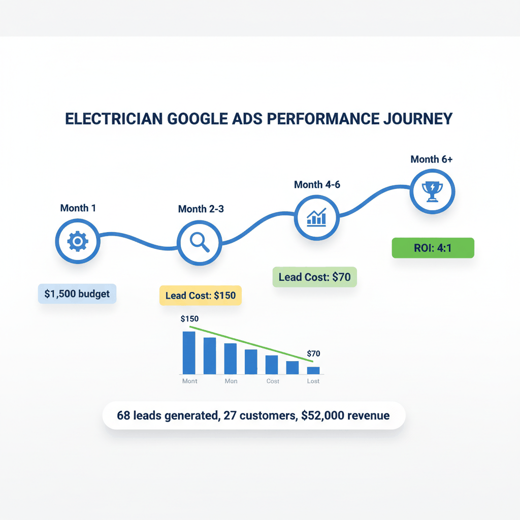 Google Ads performance timeline for electricians showing budget optimization and decreasing cost per lead over 6 months