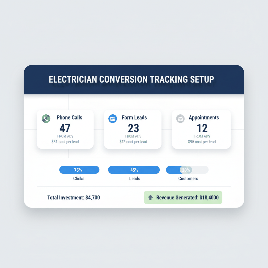 Conversion tracking dashboard showing phone calls, form leads, and appointments from electrician Google Ads campaigns