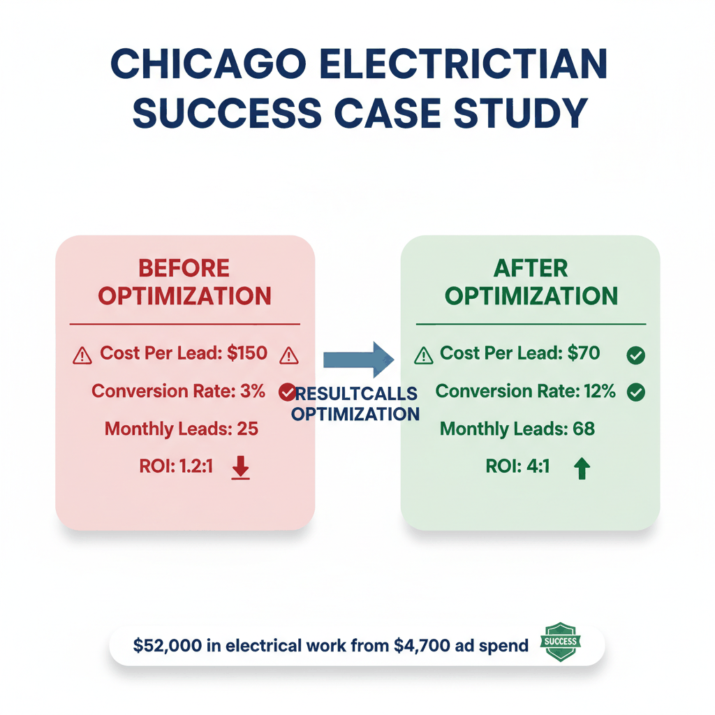 Before and after Google Ads optimization results showing improved cost per lead and ROI for Chicago electrician case study