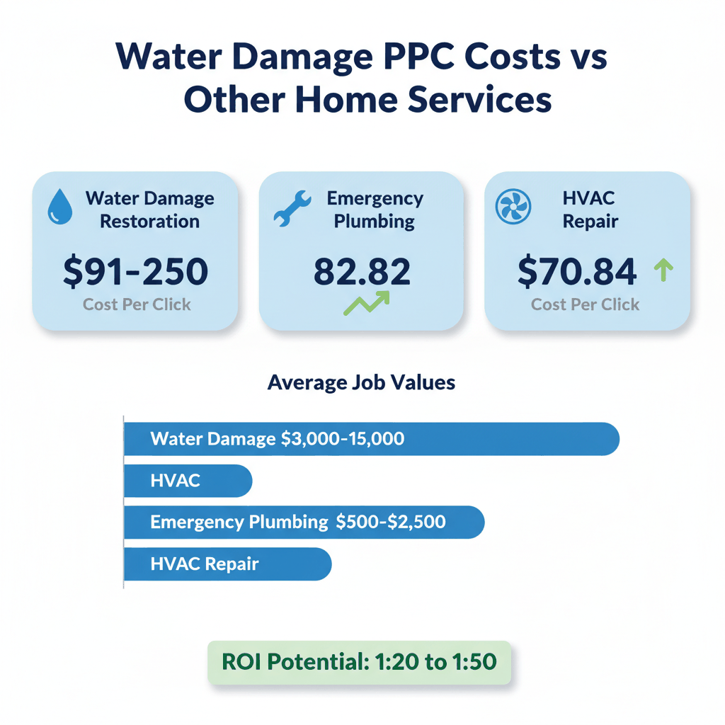 Water damage Google ads cost breakdown showing $91-$250 per click vs emergency plumbing and HVAC PPC costs