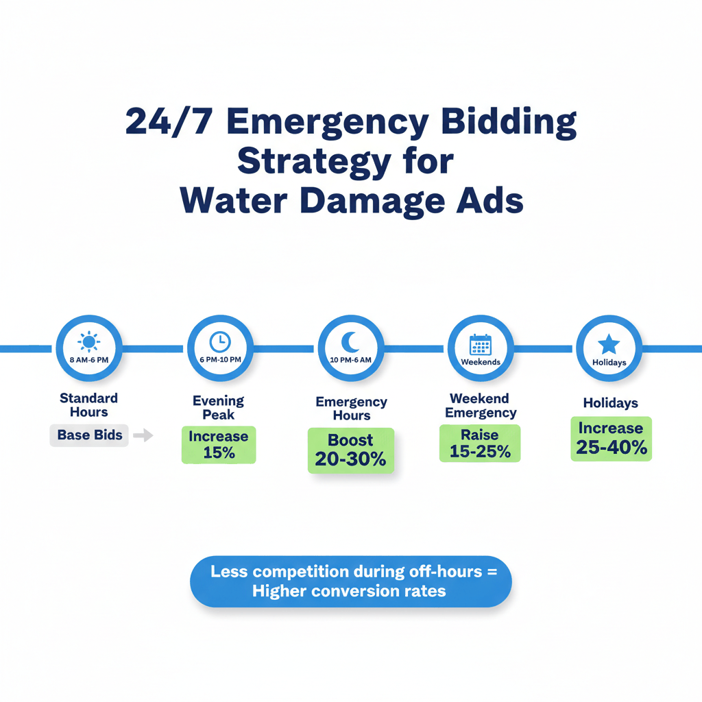 24/7 emergency bidding schedule showing bid increases for water damage Google ads during peak emergency hours