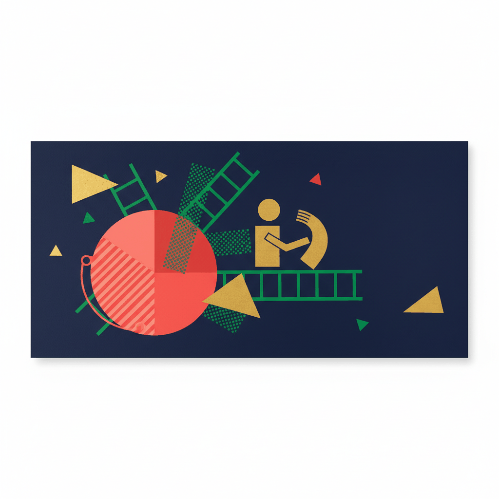 Abstract geometric composition with bold coral, gold, and green shapes representing painting contractor work - painter SEO mistakes