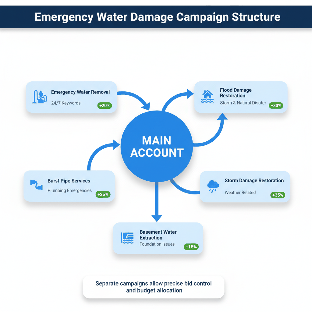 Emergency water damage campaign structure showing five separate PPC campaigns for different restoration services