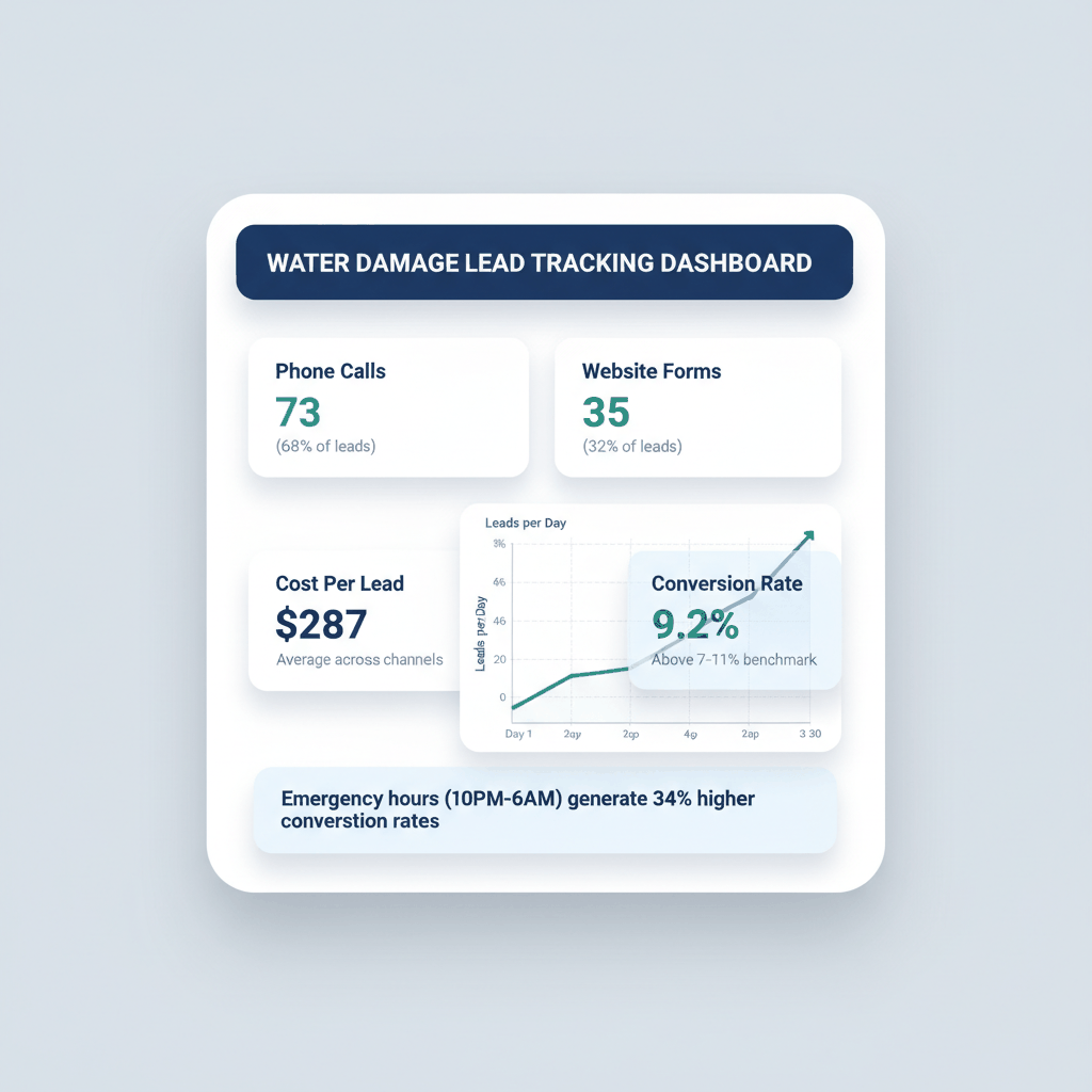 Water damage lead tracking dashboard showing 73 phone calls, 35 website forms, $287 cost per lead, and 9.2% conversion rate