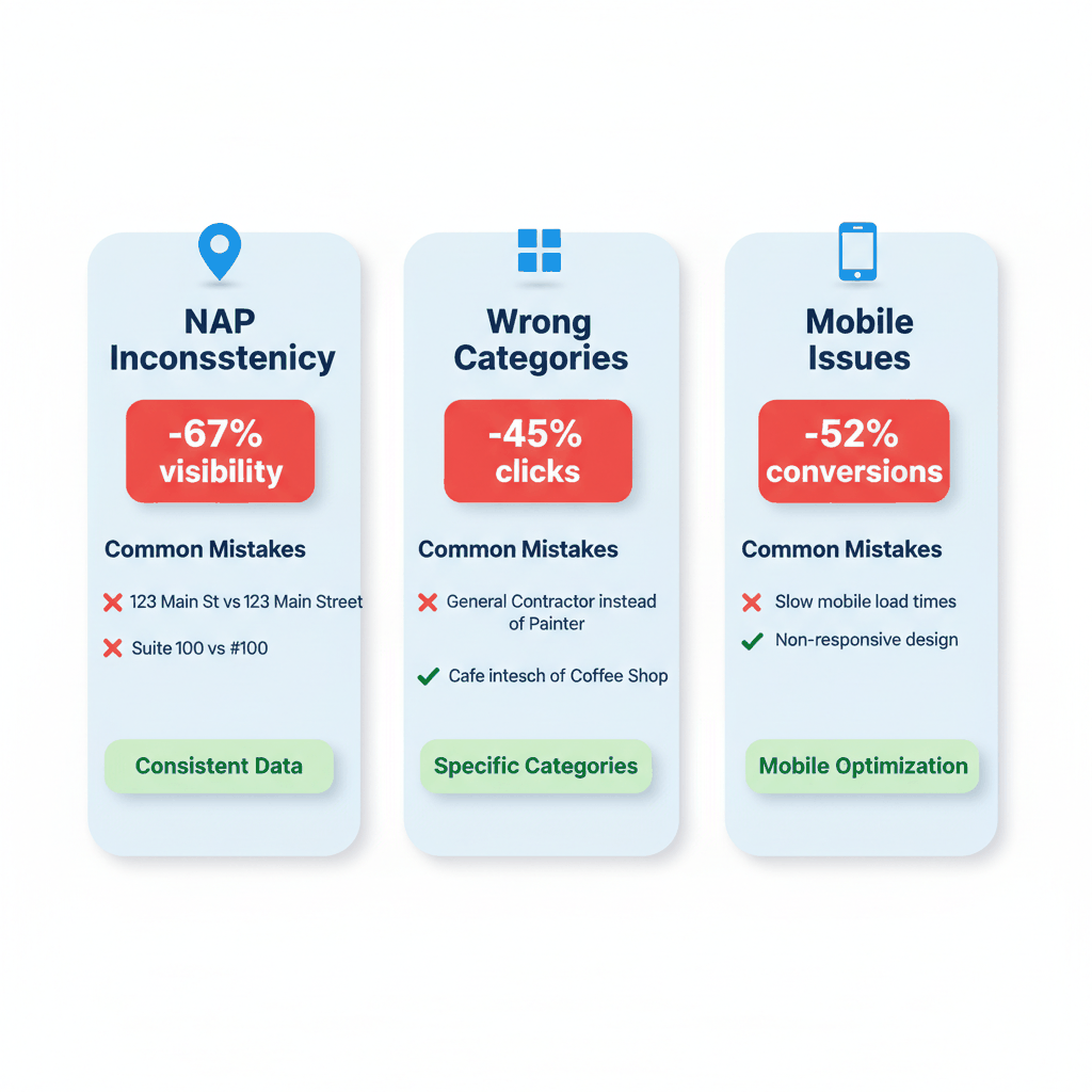 Comparison chart showing three critical painter SEO mistakes - NAP inconsistency, wrong categories, mobile issues with impact metrics