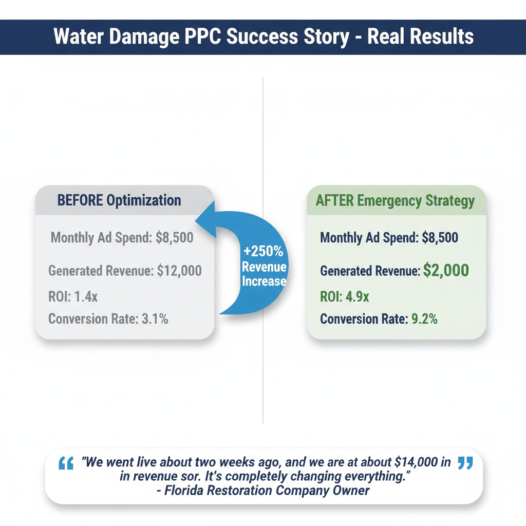 Water damage PPC before and after results showing 250% revenue increase from $12,000 to $42,000 monthly with emergency bidding strategies