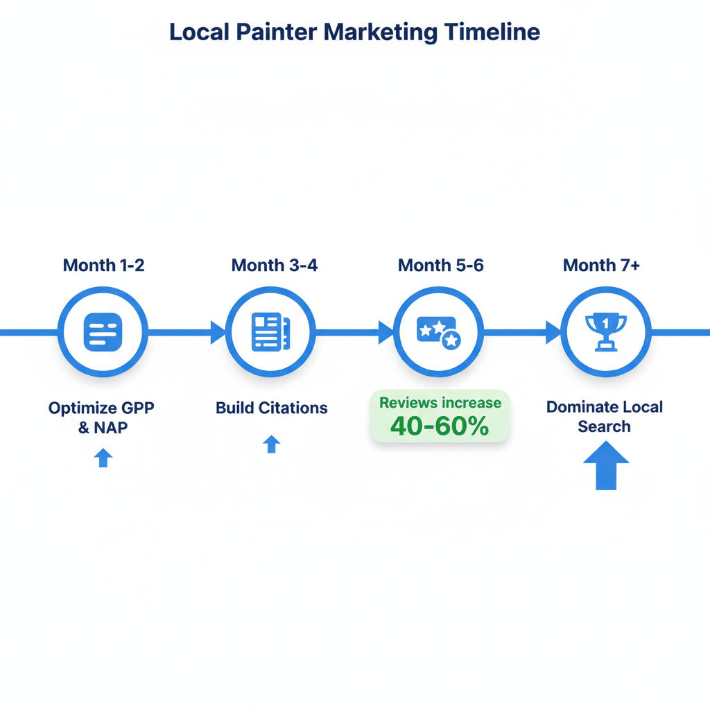 Timeline showing local painter marketing strategy implementation from months 1-7 with key milestones and review increase metrics