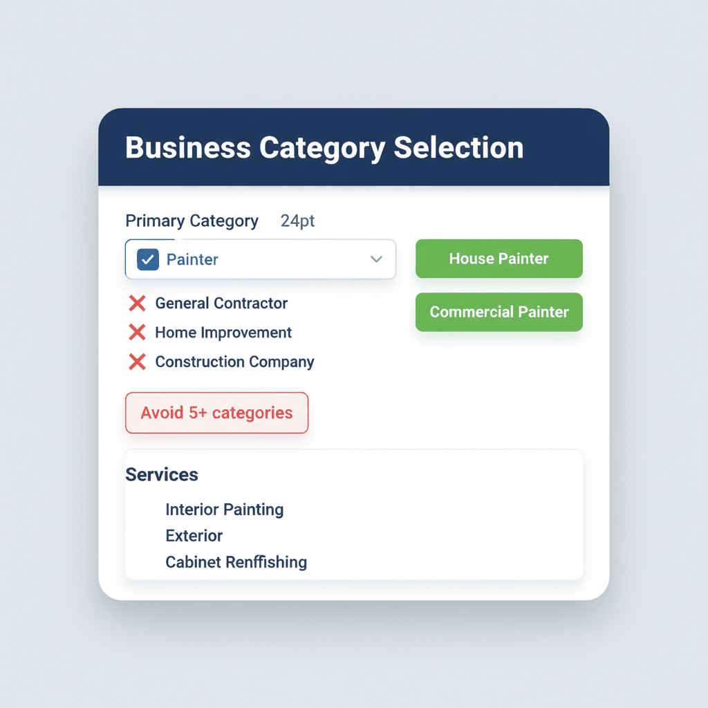 Google Business Profile category selection interface showing correct painter category selection versus common mistakes