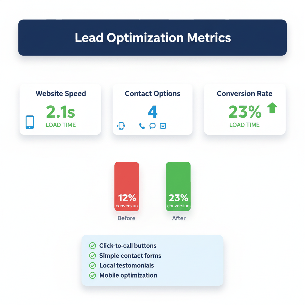 Lead conversion optimization dashboard showing website speed, contact options, and conversion rate improvements for painters