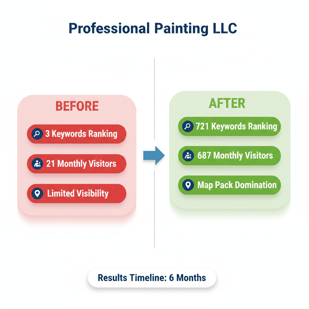 Before and after comparison showing Professional Painting LLC SEO results - from 3 to 721 ranking keywords and increased monthly visitors