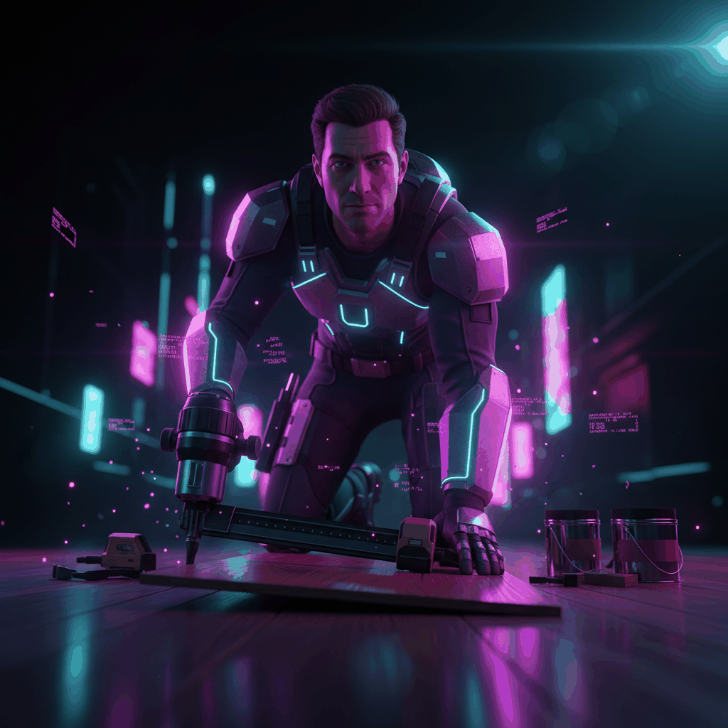 Futuristic 3D rendered flooring contractor installing hardwood with dramatic neon lighting - flooring customer retention strategies