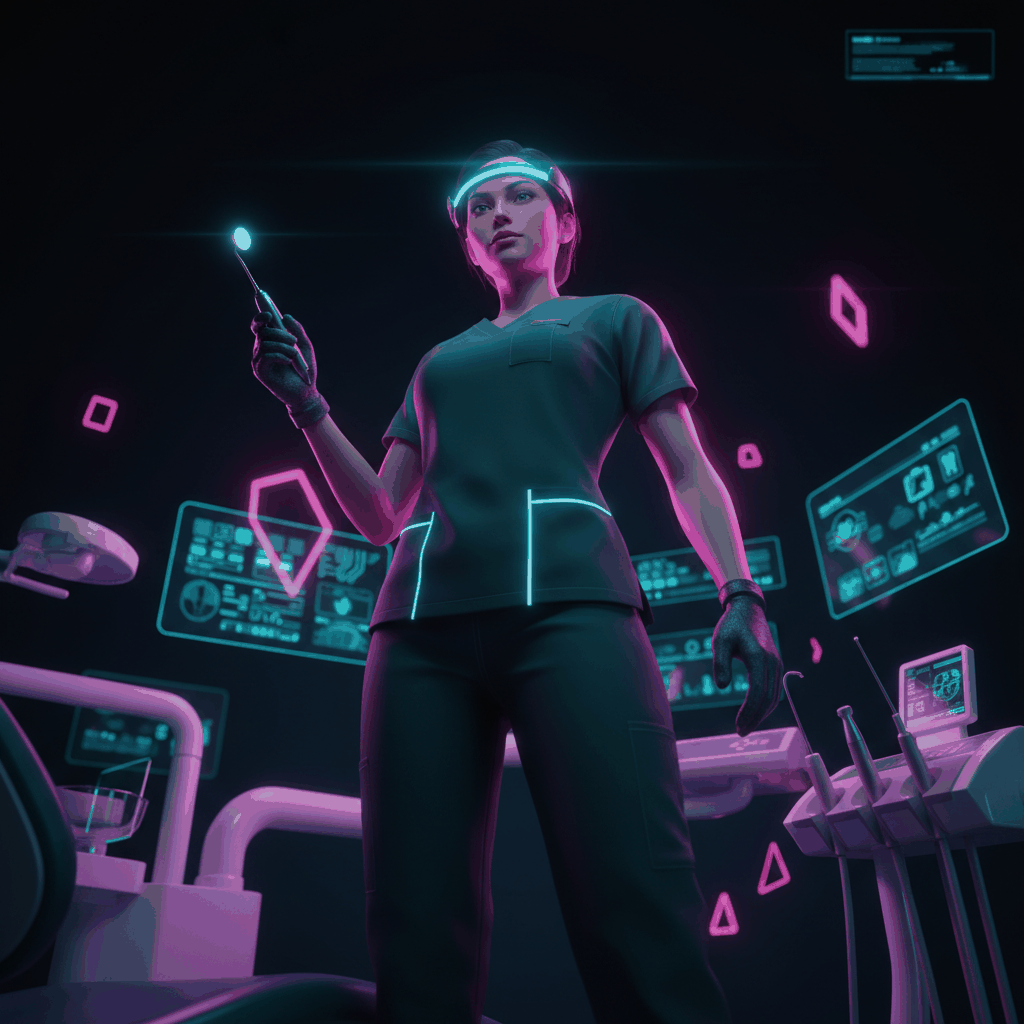 Futuristic 3D rendered dental professional with neon cyberpunk lighting - dental Google Ads guide 2026