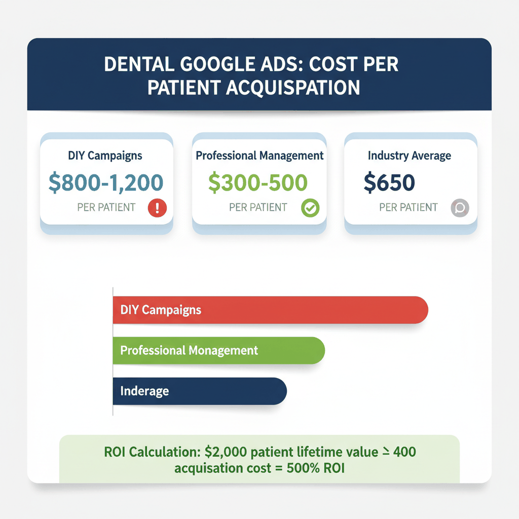 Dental Google Ads cost per patient acquisition comparison showing DIY vs professional management costs and ROI calculations