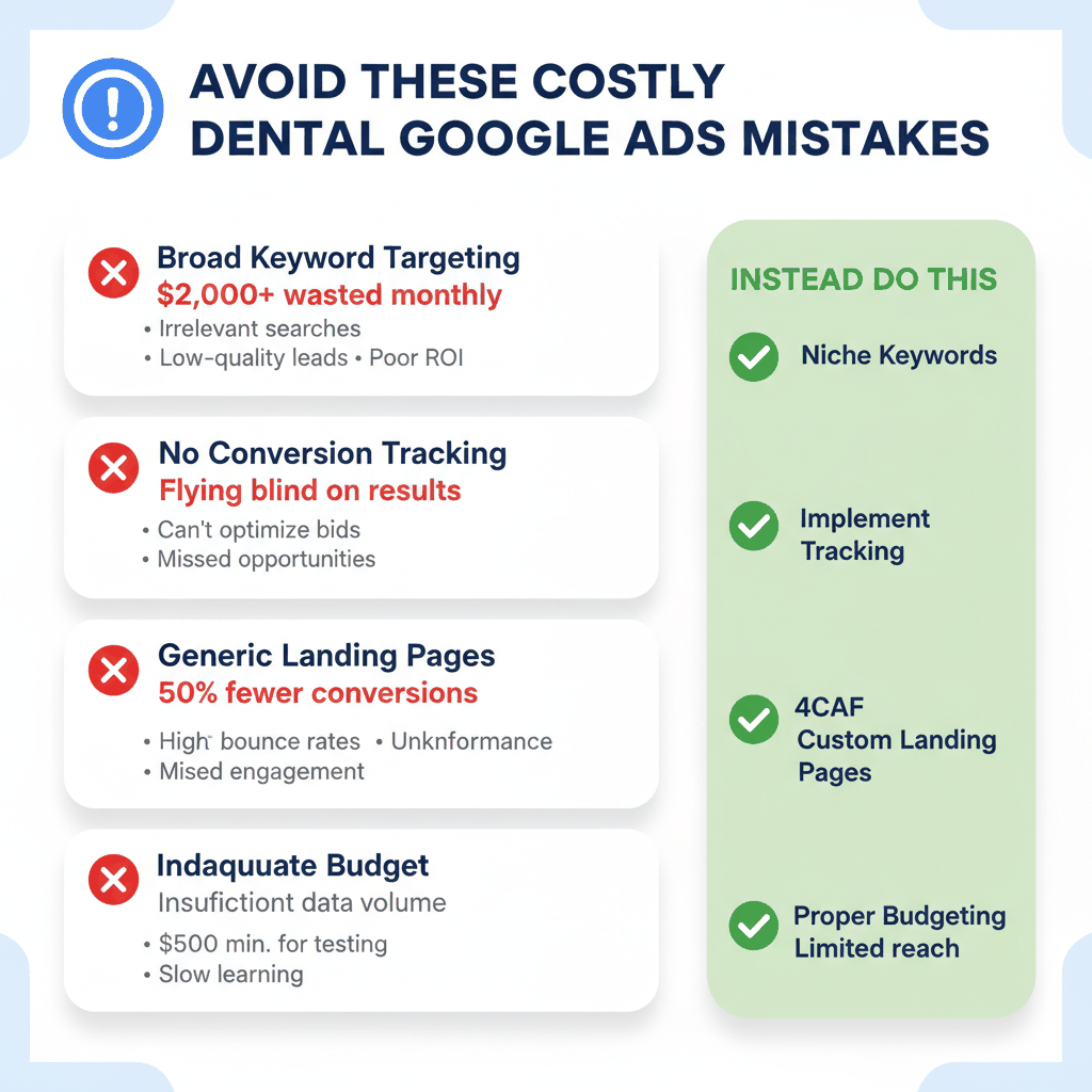 Common dental Google Ads mistakes checklist showing costly errors and solutions for campaign optimization