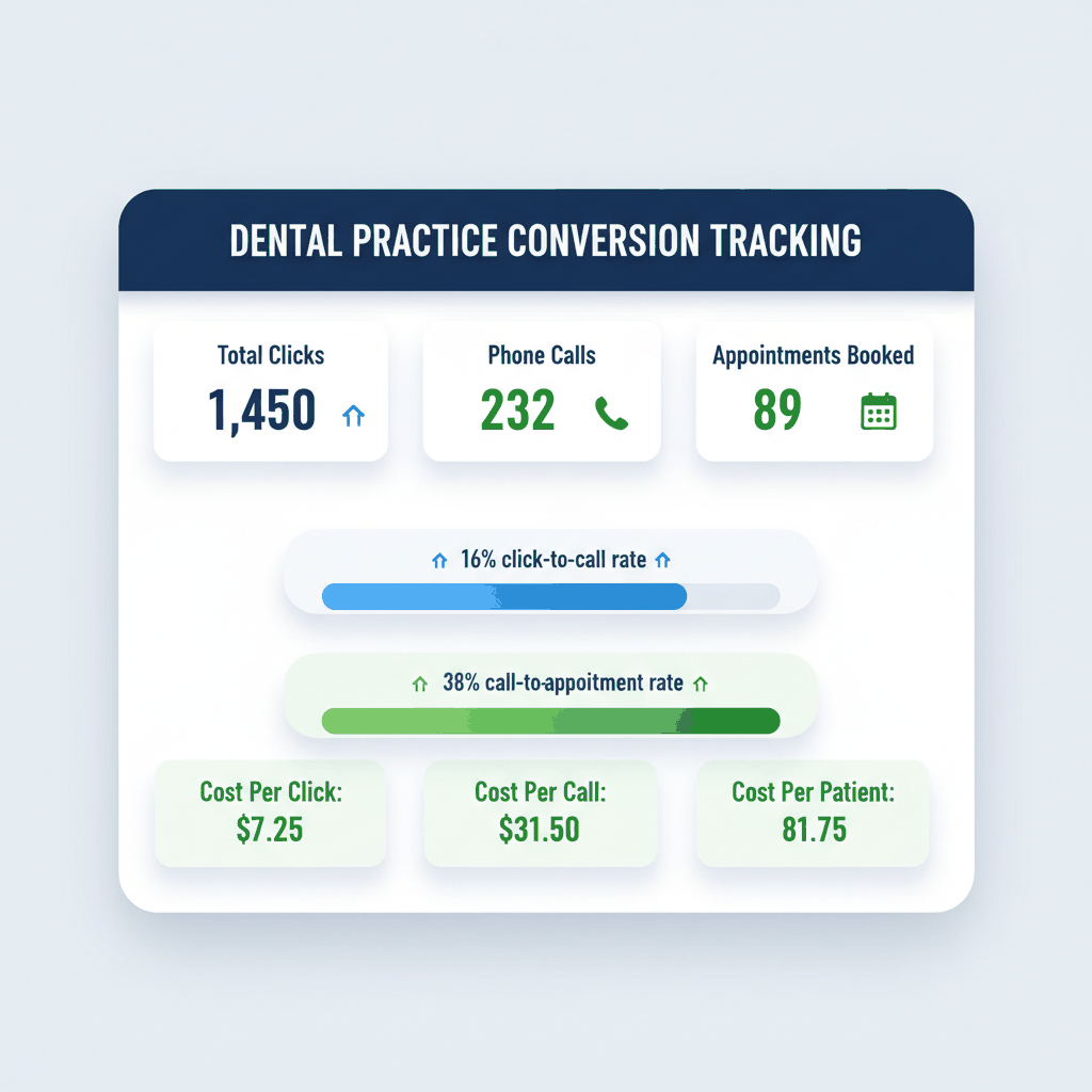 Dental Google Ads conversion tracking dashboard showing clicks, calls, appointments, and cost metrics with funnel analysis