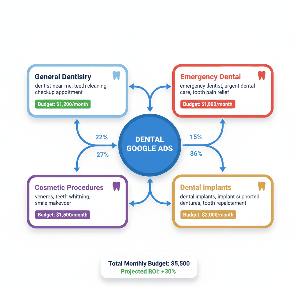 Dental Google Ads campaign structure showing service-based organization with budgets and keywords for different dental specialties