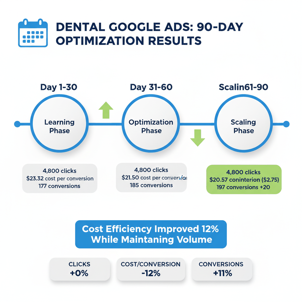 90-day dental Google Ads optimization timeline showing performance improvements in cost per conversion and total conversions